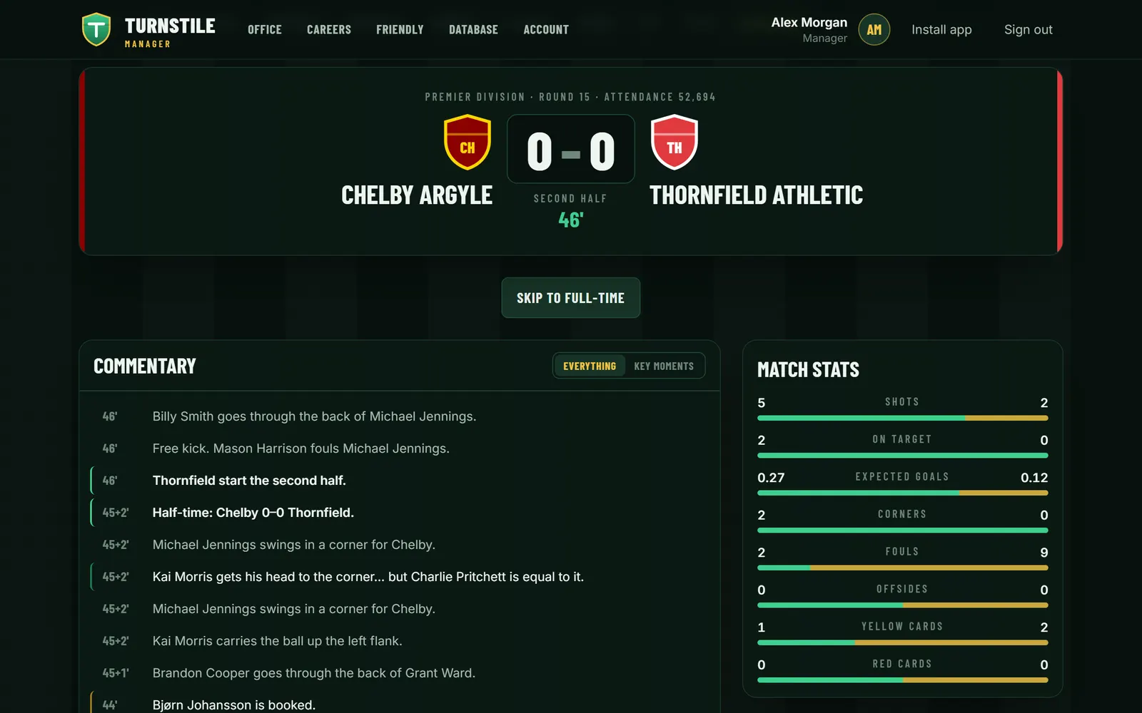 Turnstile Manager: Match day. Follow every match minute by minute, with live commentary and stats, or skip to the result.